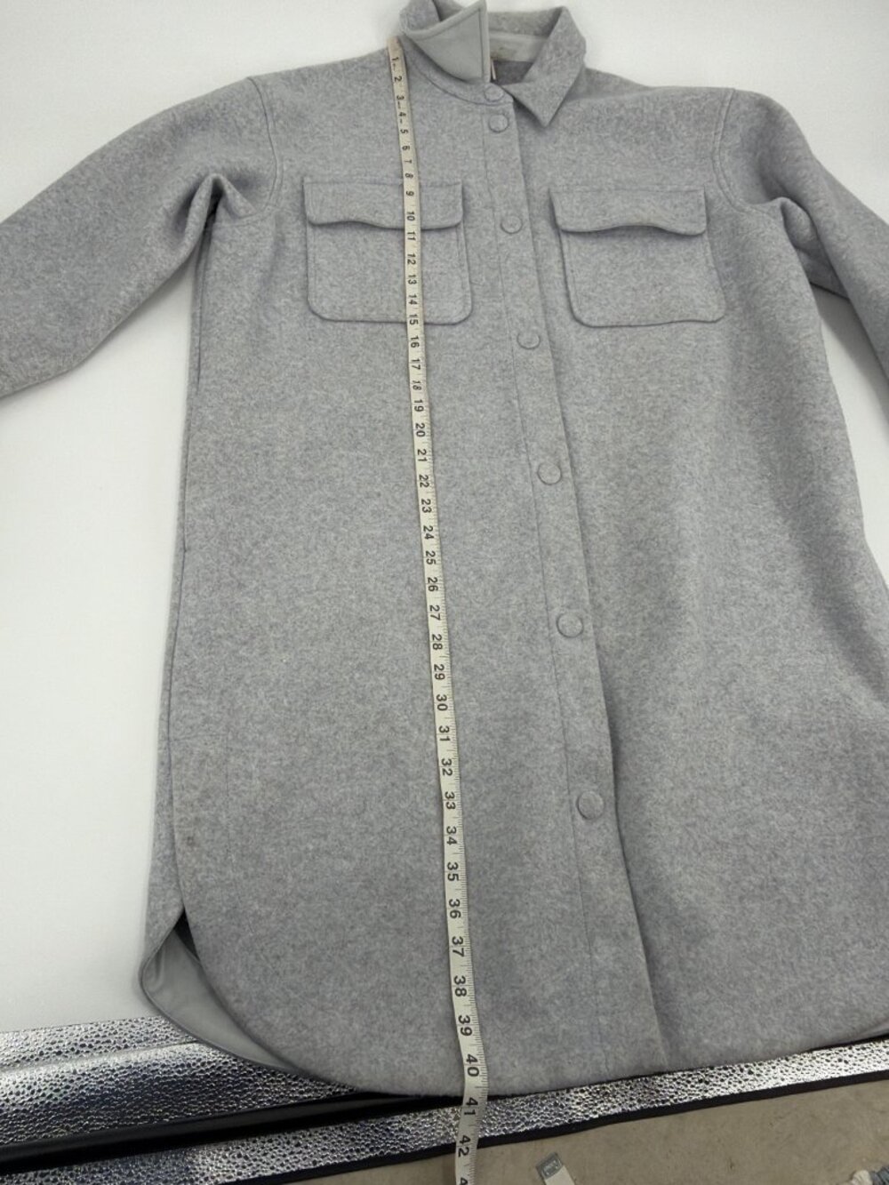 Calia Womens Large Longline Button-Up Shirt Jacket Shacket Gray Collar Pockets - Picture 8 of 9